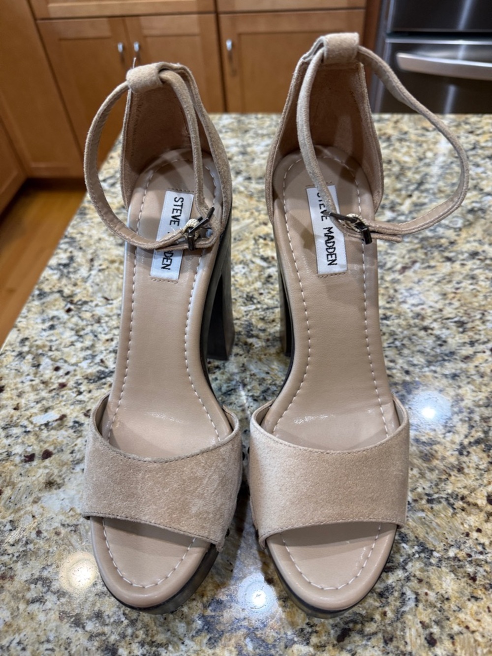 Steve Madden Beige Suede Ankle-Strap Block Heels-NEW size 9